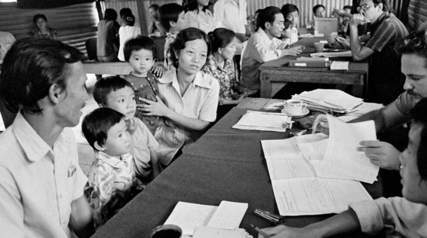 Vietnamese refugees being interviewed by United States immigration officials at the Pulau Bidong refugee camp in Malaysia. 1979. 