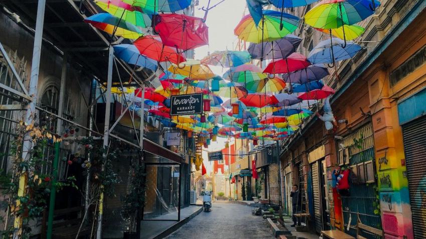 street with hanging umbrellas