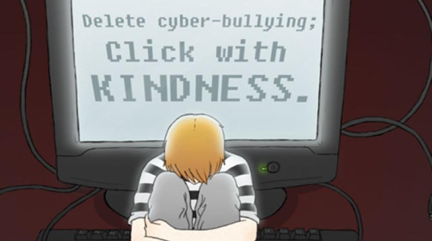 Illustration of a boy crouching in front of a computer screen that says "Delete cyber-bullying; Click with KINDNESS." © Sierra McKenna/ 2011-2016 Mouseleaf