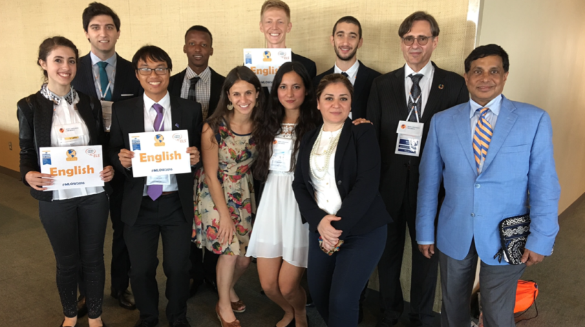 Winners of the Many Languages, One World global essay contest, held from 2014-2017 by ELS and Berlitz in cooperation with the United Nations Academic Impact, appear with Mr. Harris and co-founder Ramu Damodaran in New York, 2016.