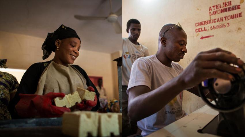 Две фотографии вместе, на которых изображены женщина слева и мужчина справа, работающие на производстве товаров в Мали.