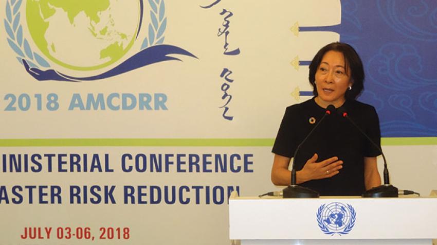 Mami Mizutori, Special Representative of the Secretary-General for Disaster Risk Reduction, speaking to the press at the opening of the Asian Ministerial Conference on Disaster Risk Reduction. Ulaanbaatar, Mongolia. 3-6 July 2018. © UNISDR 