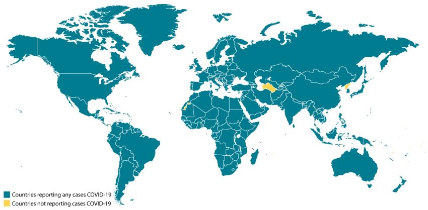 Source: Centers for Disease Control and Prevention: https://www.cdc.gov/coronavirus/2019-ncov/global-covid-19/world-map.html 6 July 2020