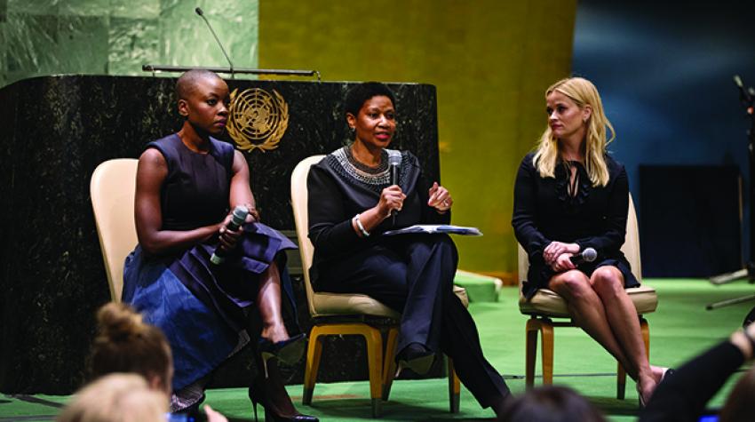 Danai Gurira and Reese Witherspoon in conversation with UN-Women Executive Director Phumzile Mlambo-Ngcuka (centre) at the 2018 International Women’s Day commemoration © UN-Women/Ryan Brown