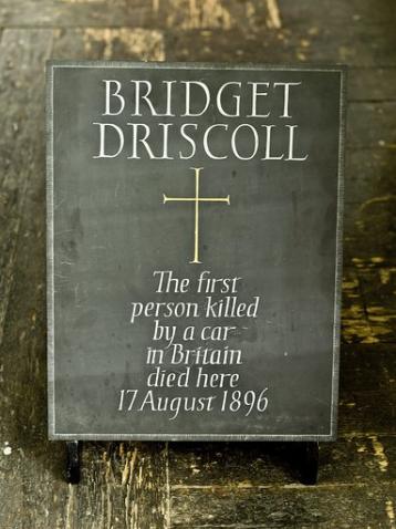 Plaque commissioned by RoadPeace for the 100th Anniversary of Bridget Driscoll's death on 17 August 1996. Photo courtesy of the author.