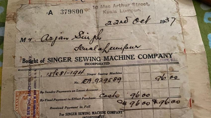 Original receipt from the Singer Sewing Machine Company, Inc., Kuala Lumpur, 1937. Courtesy of Kaur Dhaliwal family.