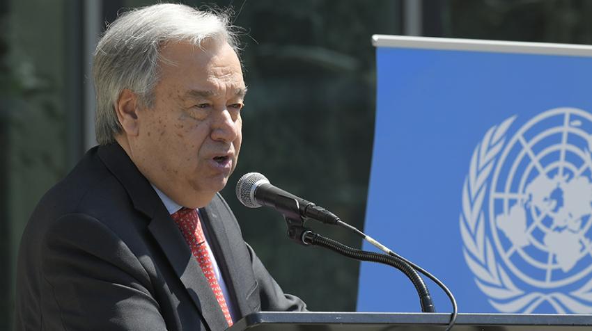 Secretary-General António Guterres addresses a special event held on the occasion of International Labour Day. Secretary-General António Guterres speaking at a podium