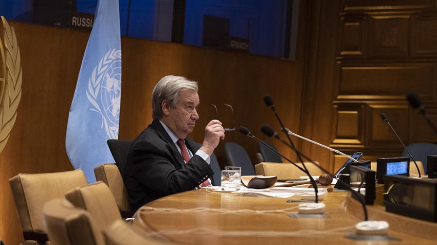 Secretary-General António Guterres participates in a meeting remotely.