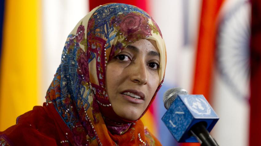 Nobel Laureate Tawakkol Karman speaks to press following Security Council Action on Yemen, June 2012. © UN Photo/ Eskinder Debebe