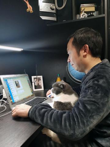 Un homme devant son ordinateur travaille de chez lui avec son chat sur les genoux.