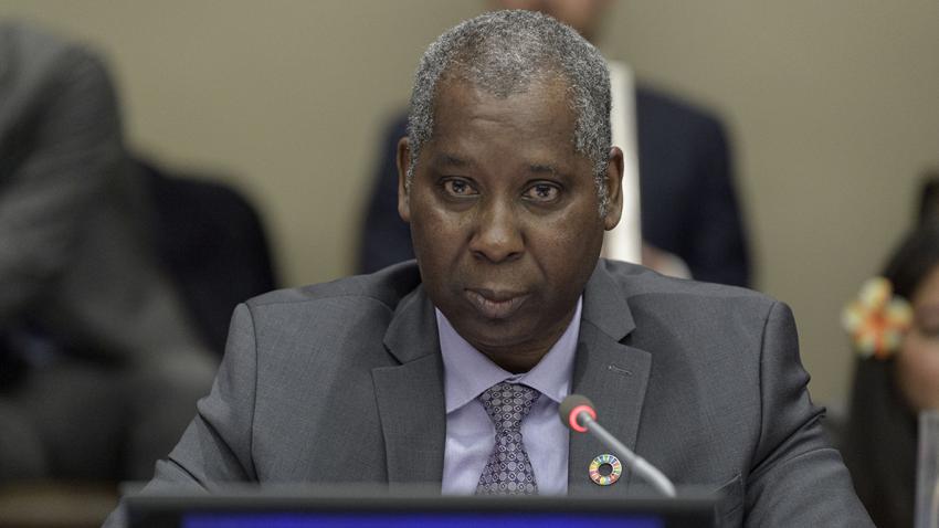Tijjani Muhammad-Bande, President of the seventy-fourth session of the United Nations General Assembly, speaks at a meeting.