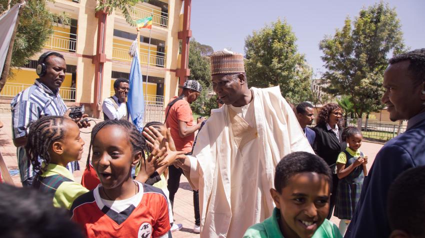 H.E. Mr. Tijjani Muhammad-Bande, President of the 74th session of the United Nations General Assembly, visits a school in Addis Ababa, Ethiopia. 10 February 2020. Geremew Tigabu/UN OPGA