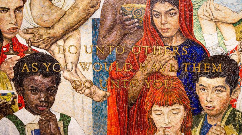 Detail of the mosaic 'The Golden Rule' by Norman Rockwell at UN Headquarters, depicting people of different nationalities (Photo: UN Photo/Rick Bajornas)