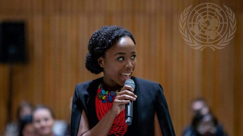 A participant speaks at the Intergenerational Town Hall, which provided an opportunity for young leaders to engage with world leaders during the United Nations Youth Climate Summit in New York, 21 September 2019.