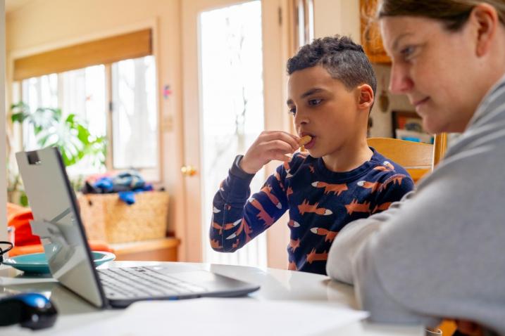 Una madre y su hijo trabajan juntos con un ordenador portátil.