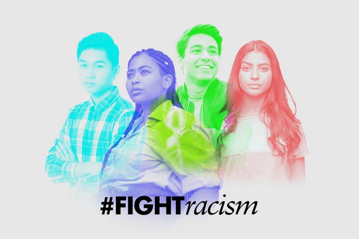 Outlines in colour of four different young people with hashtag #FIGHTracism