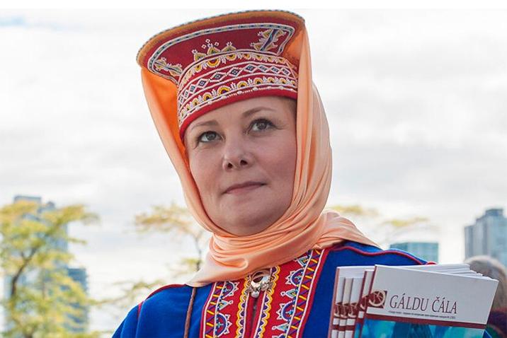 Close-up of a woman wearing a traditional headdress