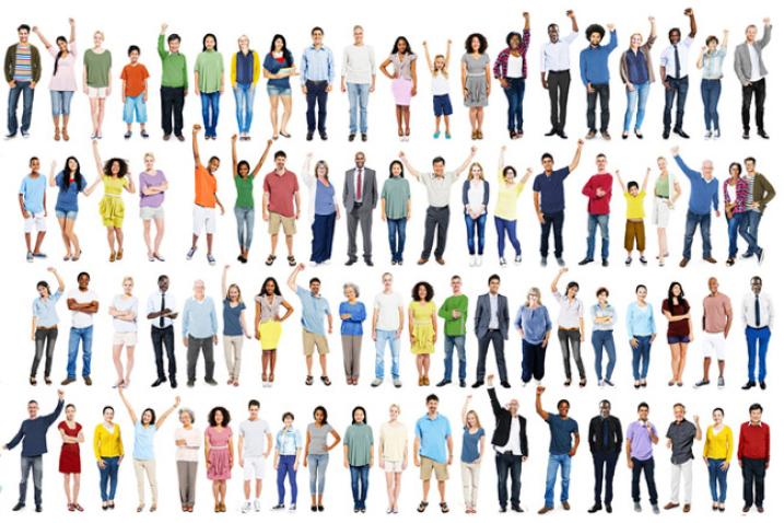 people of all backgrounds in grid formation against a white background