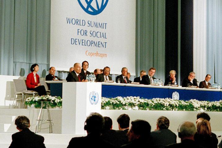 French President François Mitterrand at the podium during the World Summit for Social Development.