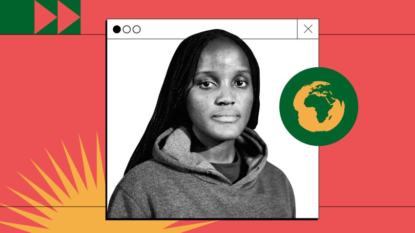 Photocomposition: the photo of Vanessa Nakate, in black and white, in front of a red background. The African continent map is highlighted in her right side. 