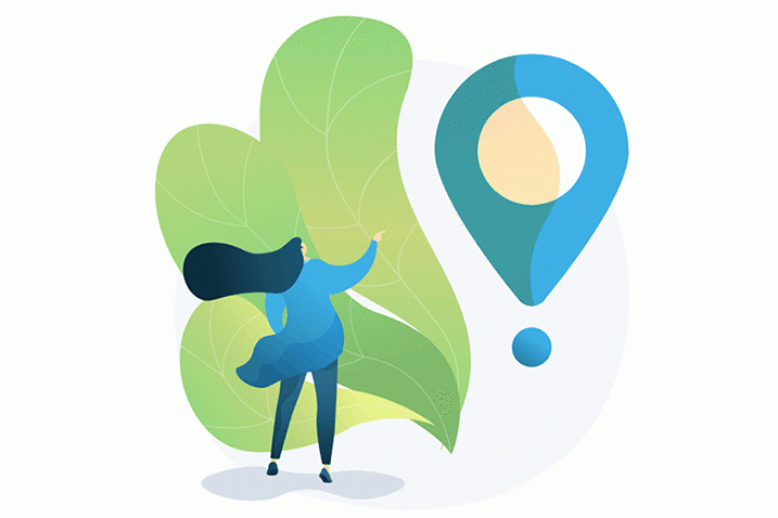 Illustration of women pointing at a geo location pin