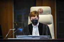 Judge Joan E. Donoghue, President of the International Court of Justice (ICJ), presiding at public hearings held on 15 March 2021.