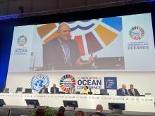 Duncan Copeland represents the Joint Analytical Cell at the Transparency, Technology, and Illegal, Unreported and Unregulated Fishing side event, 2022 United Nations Ocean Conference, Lisbon, Portugal. © TM-Tracking 