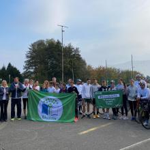 Stage 426 of the Running Out of Time relay at Leskovec Elementary School in Slovenia with FEE Slovenia and President Borut Pahor (second from left), 19 October 2022. Courtesy Abe Lim.