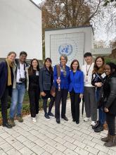 The Running Out of Time relay baton held by FEE President Lesley Jones with Ina Pavanova of UNFCCC in Bonn, Germany, 14 October 2022. Courtesy of Abe Lim.