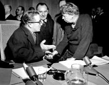 Henri Laugier, United Nations Assistant Secretary-General for Social Affairs, talks with Mrs. Eleanor Roosevelt,1947