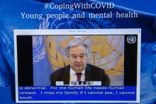 United Nations Secretary-General António Guterres speaking during the webinar series on young people and mental health titled "Coping with COVID" organized by the Secretary-General’s Envoy on Youth. 15 July 2020. UN Photo/Eskinder Debebe