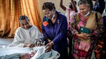 UNFPA Executive Director Dr. Natalia Kanem visits a mother and her newborn in the maternity ward at Biamba Marie Mutombo Hospital in Kinshasa, Democratic Republic of the Congo 17 May 2021. ©UNFPA/Luis Tato 