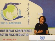 Mami Mizutori, Représentante spéciale du Secrétaire général pour la réduction des risques de catastrophe s’adresse à la presse lors de l’ouverture de la Conférence ministérielle asiatique sur la réduction des risques de catastrophes. Ulaanbaatar.