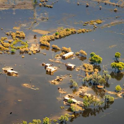 An aerial view of the devastation in Pakistan caused by catastrophic flooding in 2022. Photo taken during a visit by United Nations Secretary-General António Guterres, 10 September 2022. UN Photo/Eskinder Debebe