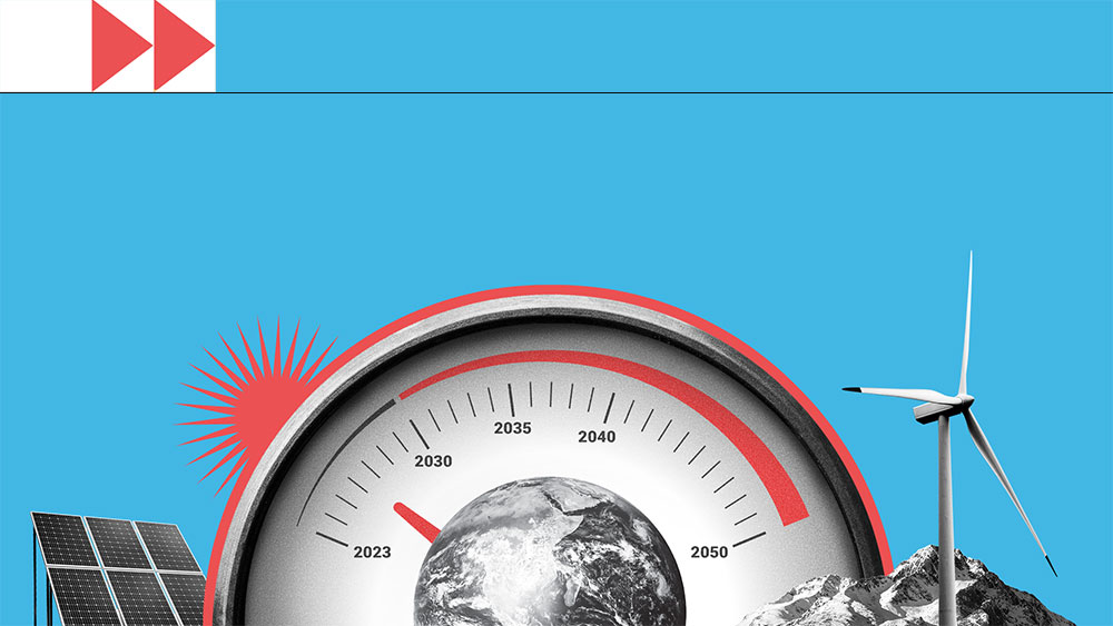 photocomposition: a black and white barometer with a windmill on the right and a solar energy panel on the left