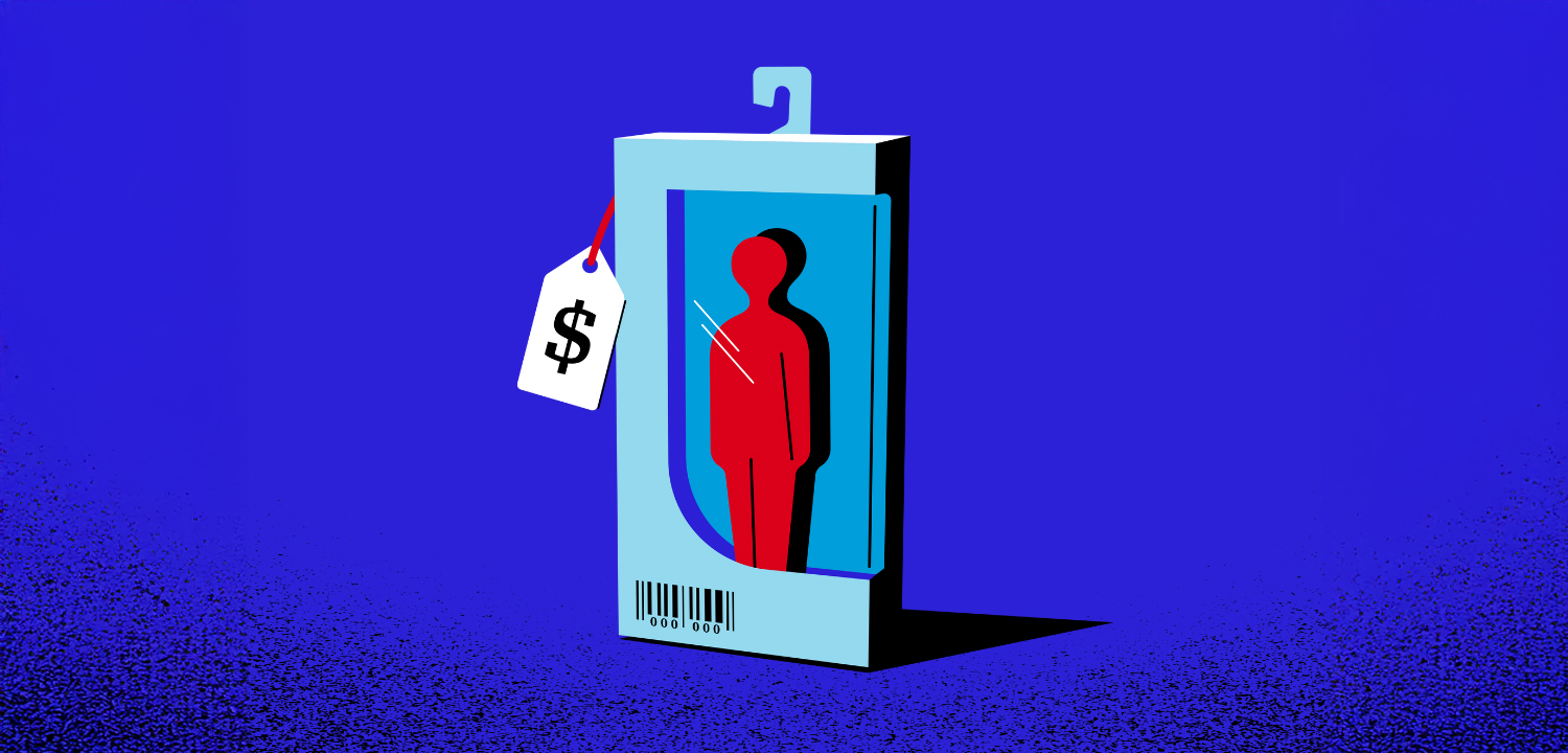 An illustration showing a figure in red inside a white action-figure style box with a price tag attached to it, on a bright blue background