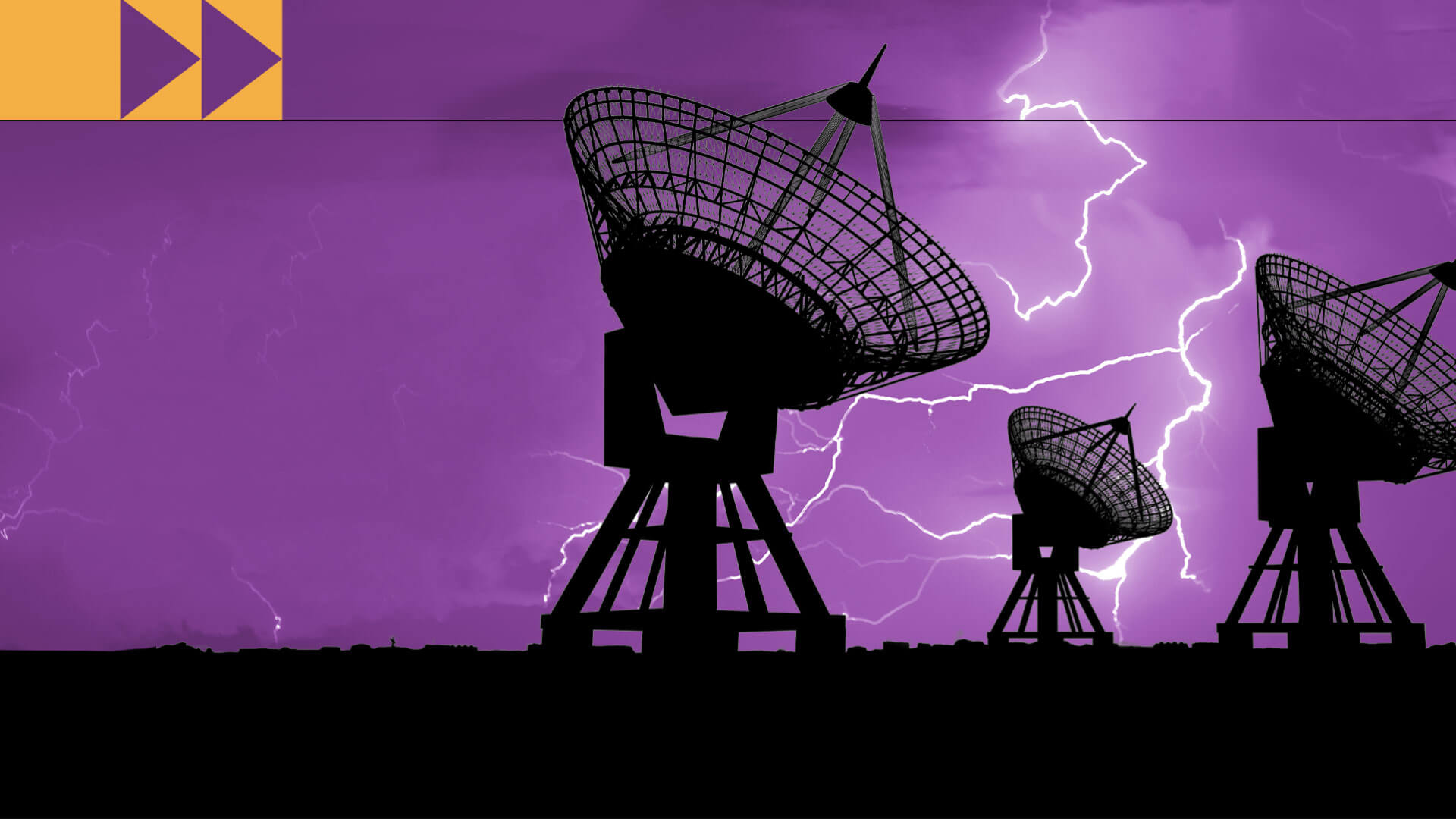 Ilustración de unas antenas parabólicas en medio de una tormenta