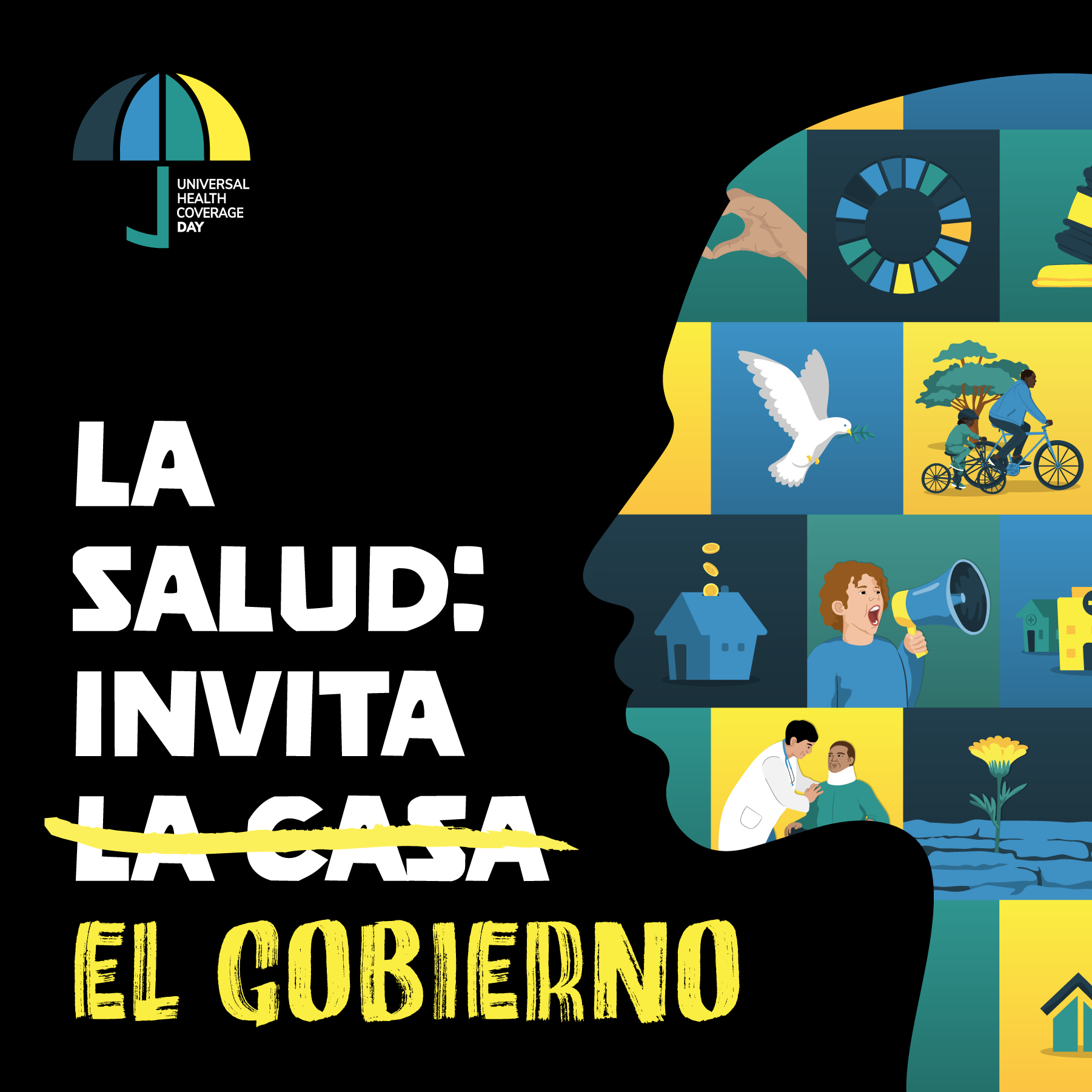 Tarjeta del Dia con el lema de 2024. La salud: la casa (tachado la casa) el gobierno invita.