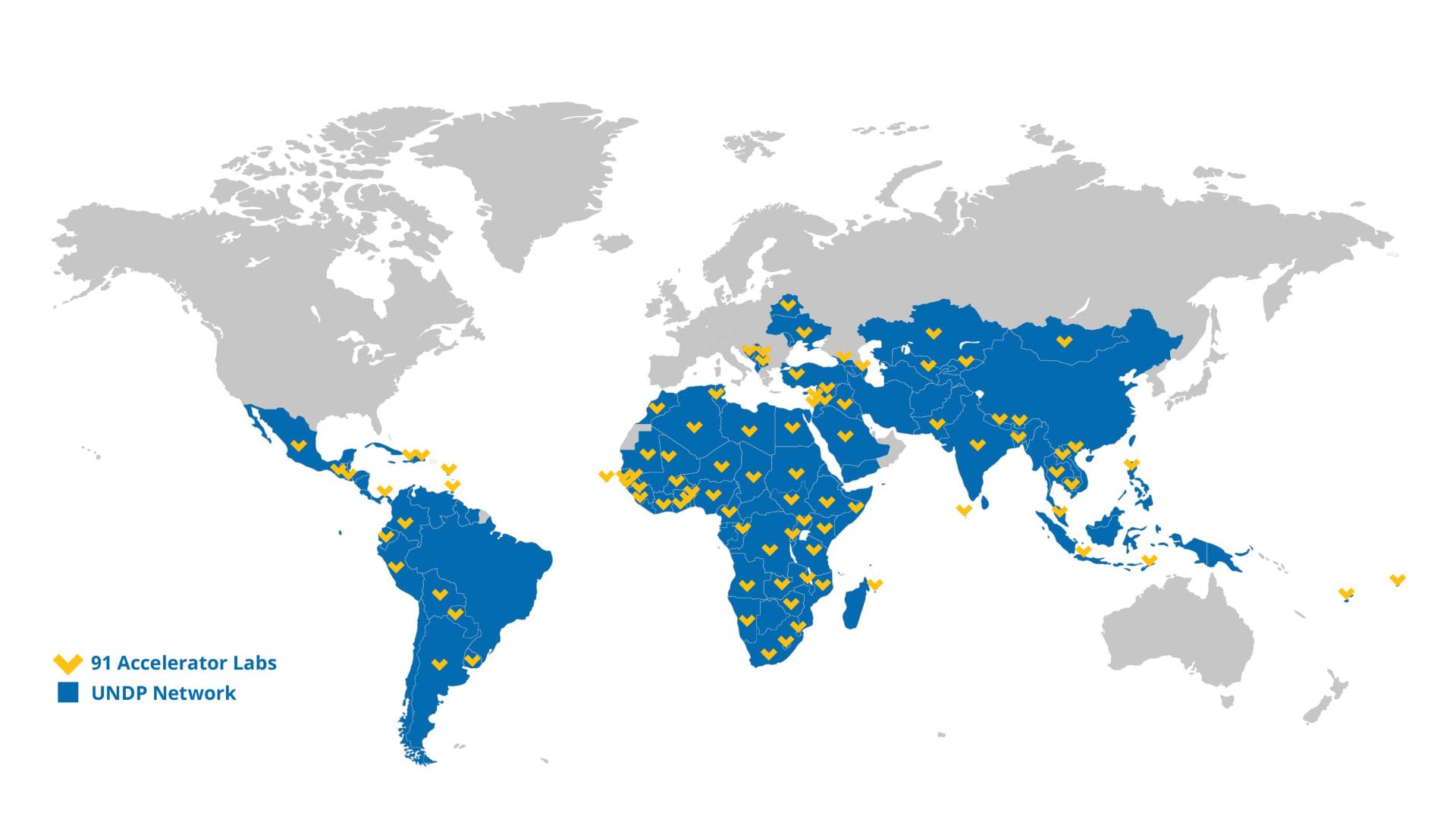 une carte du monde avec des épingles où sont situés les laboratoires d'accélération, principalement dans les pays du Sud