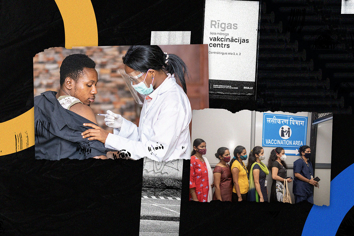 A collage of images of people waiting for or getting the vaccine. 