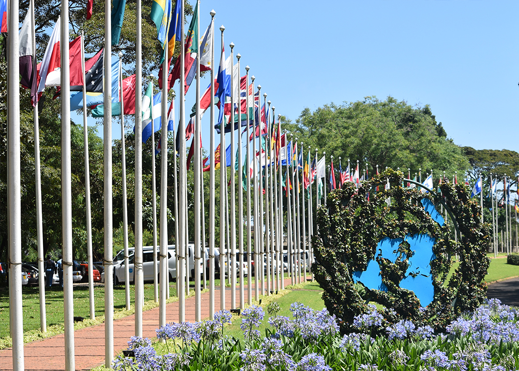 Flags of various countries are fluttering in the wind on their respective flagpoles