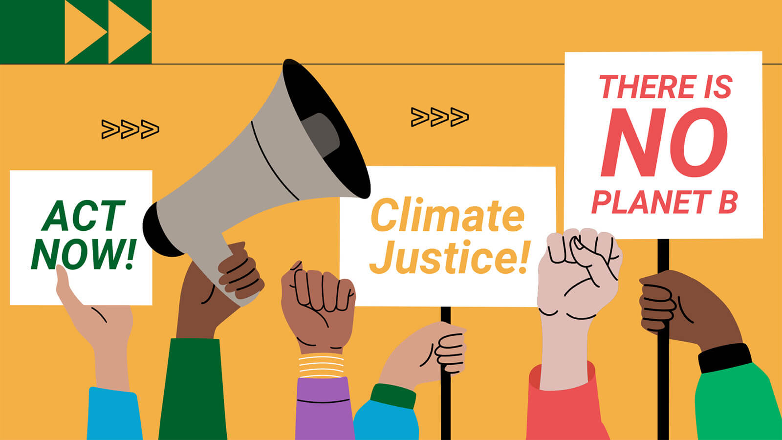 Illustration de mains de différentes tonalités accrochant des pancartes sur lesquelles il est écrit "Agissez maintenant", "Justice climatique" et "Il n'y a pas de planète B".