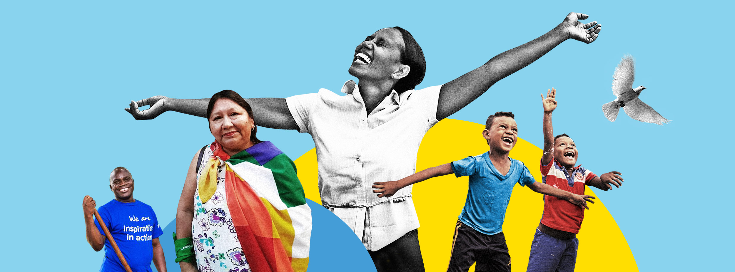 A photograph showing several figures smiling and celebrating, with some reaching out towards a white dove