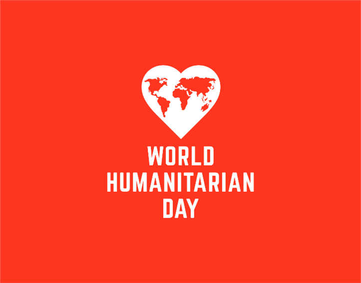 illustration with a bright red background showing a map of earth inside a white heart juxtaposed with the words 'World Humanitarian Day'.