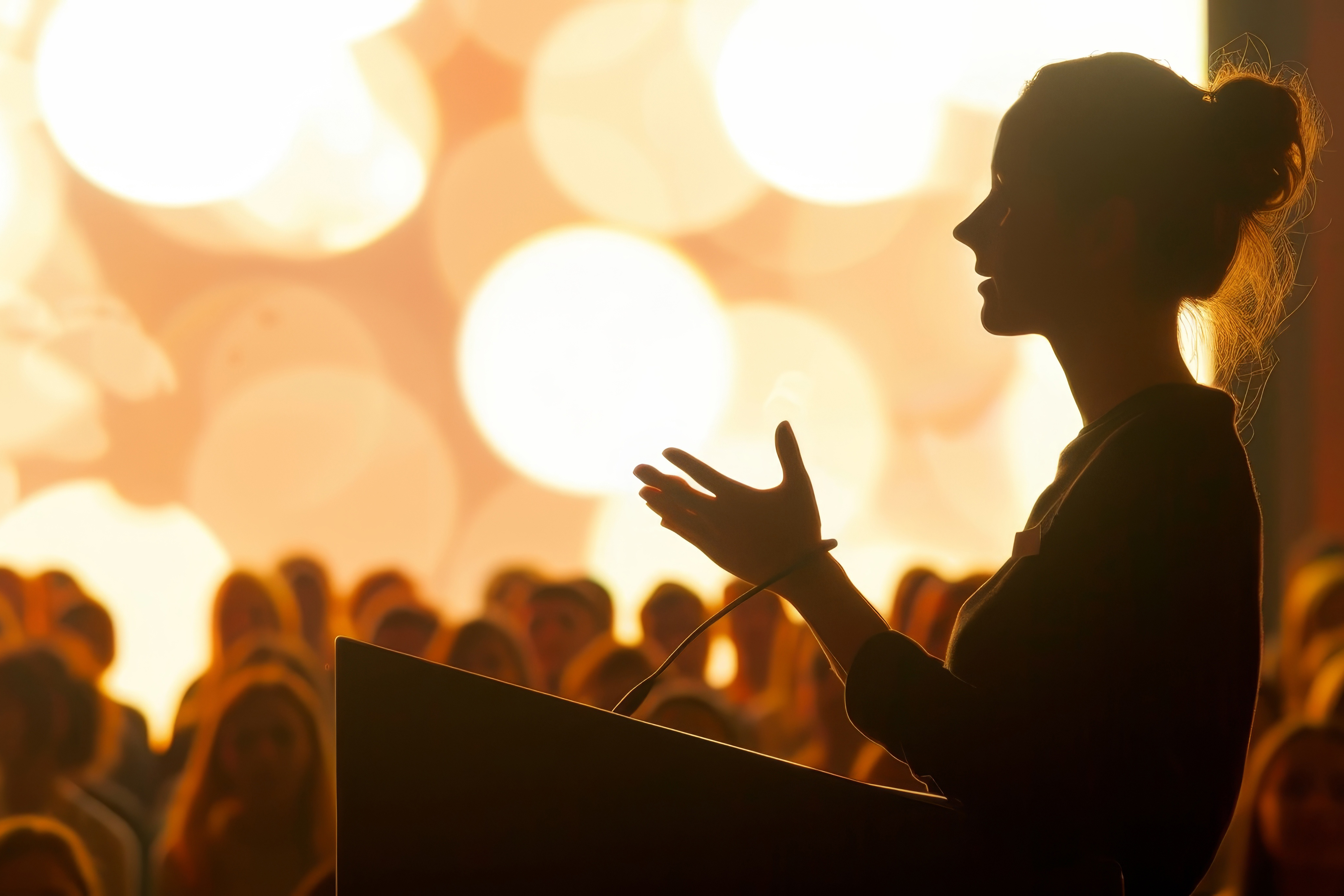 Silhouette of a woman speaking at a conference with a bright, blurred background and an audience listening attentively.