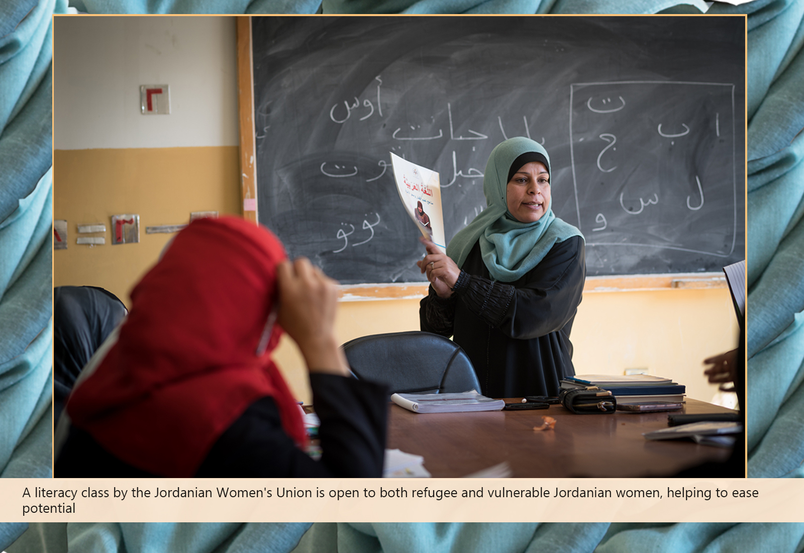 A literacy class by the Jordanian Women's Union is open to both refugee and vulnerable Jordanian women, helping to ease potential tensions between the two groups.