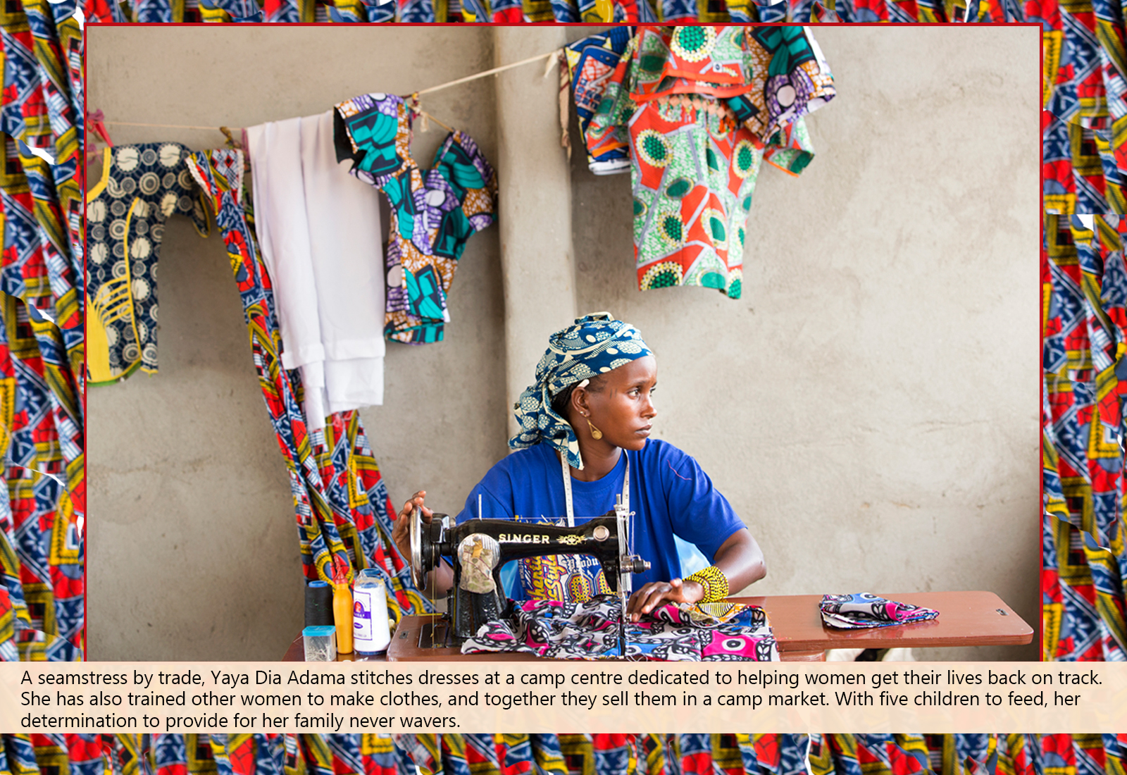 A seamstress by trade, Yaya Dia Adama stitches dresses at a camp centre dedicated to helping women get their lives back on track. 