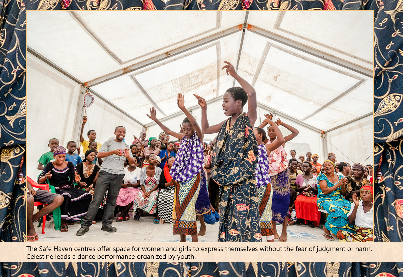 Celestine leads a dance performance organized by youth in Safe Haven centres.