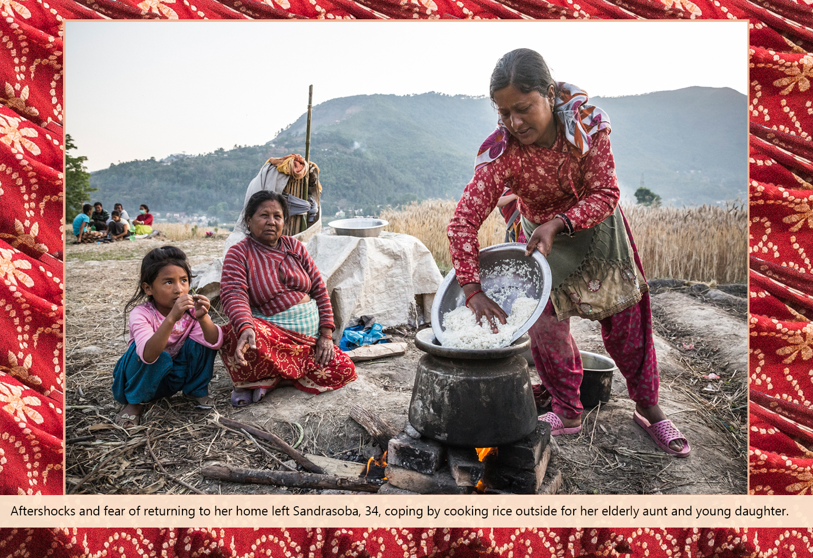 Aftershocks and fear of returning to her home left Sandrasoba, 34, coping by cooking rice outside for her elderly aunt and young daughter.  