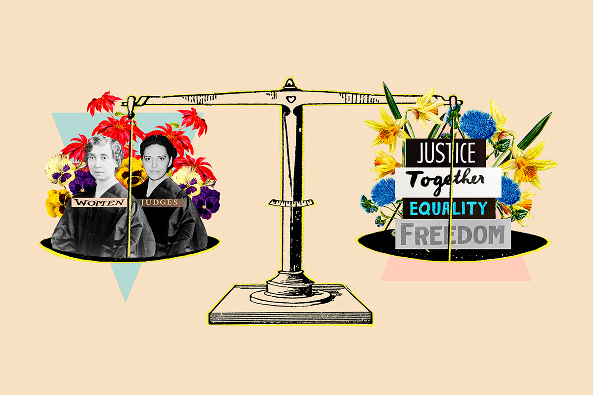 Illustration of a scale of justice with photos of women judges on one side and signs reading "justice, equality, freedom, together" on the other side.